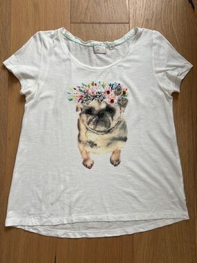 Anthropologie White Tee with Floral-Headband Pug Graphic Size Medium
